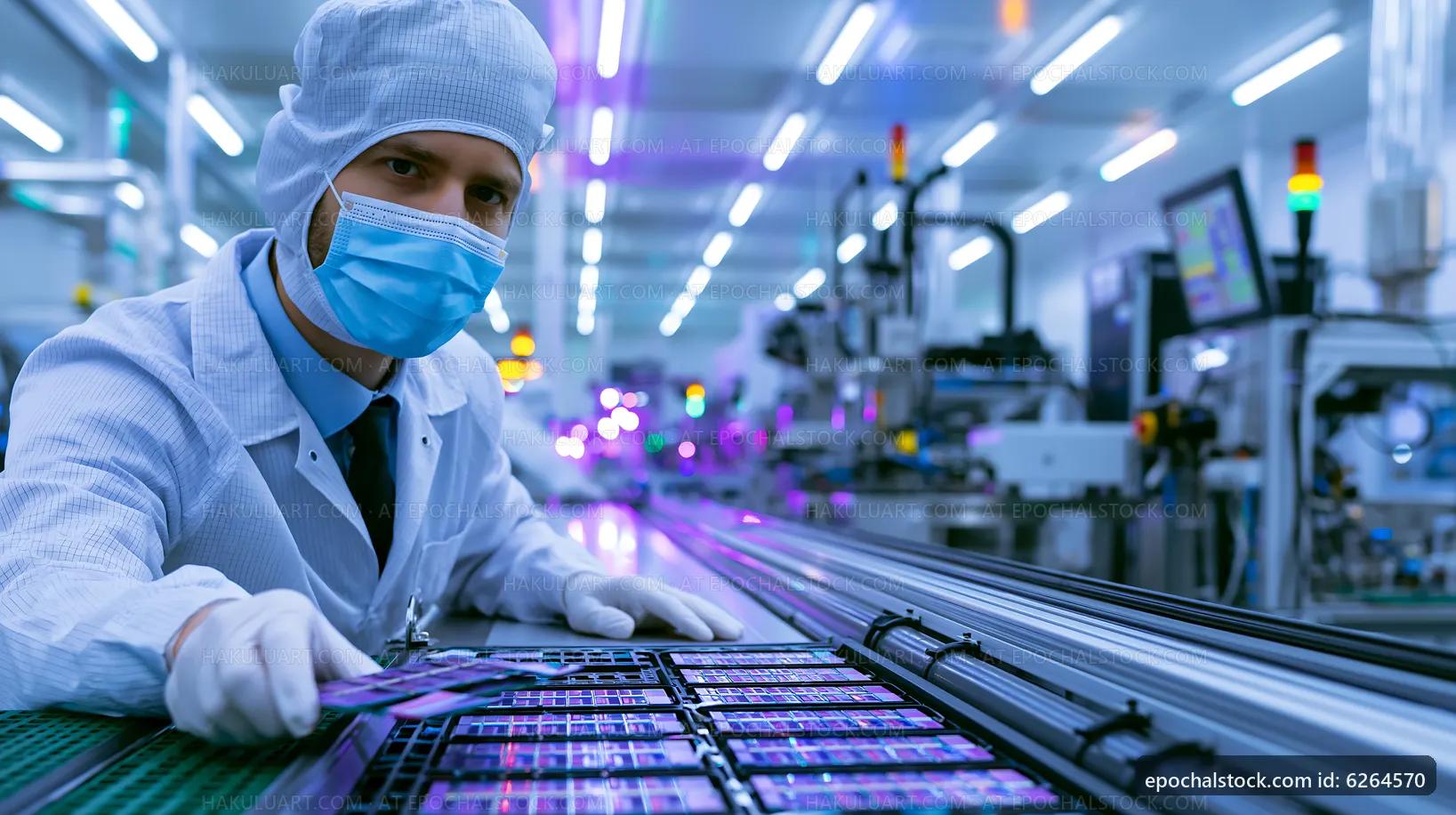 Worker in cleanroom assembling electronic components