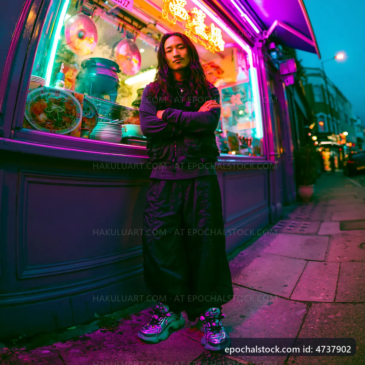 Man stands near brightly lit restaurant at night