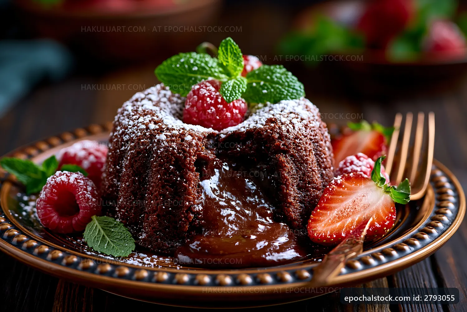 Chocolate lava cake served with fresh raspberries and mint