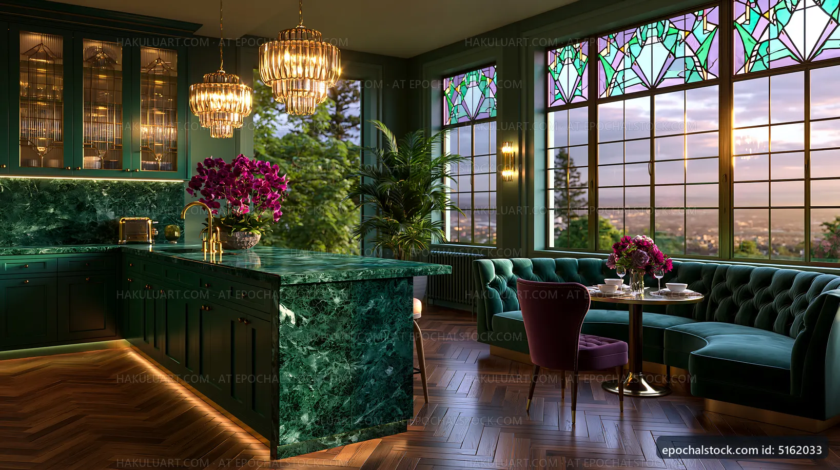 Modern kitchen interior with green marble and large windows