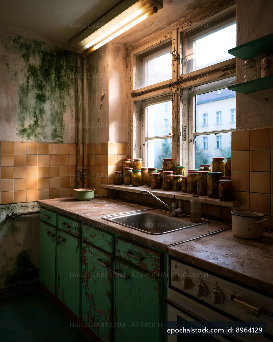 Old kitchen with peeling paint and jars on the shelf