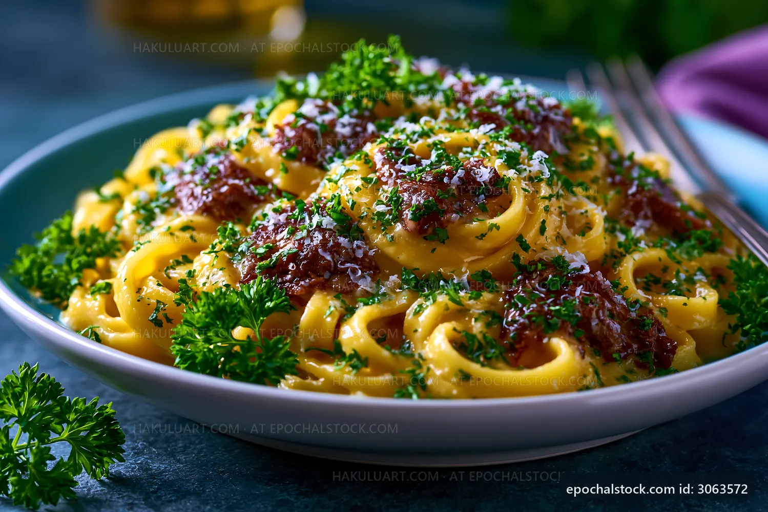 Pasta with green herbs and cheese on a blue table