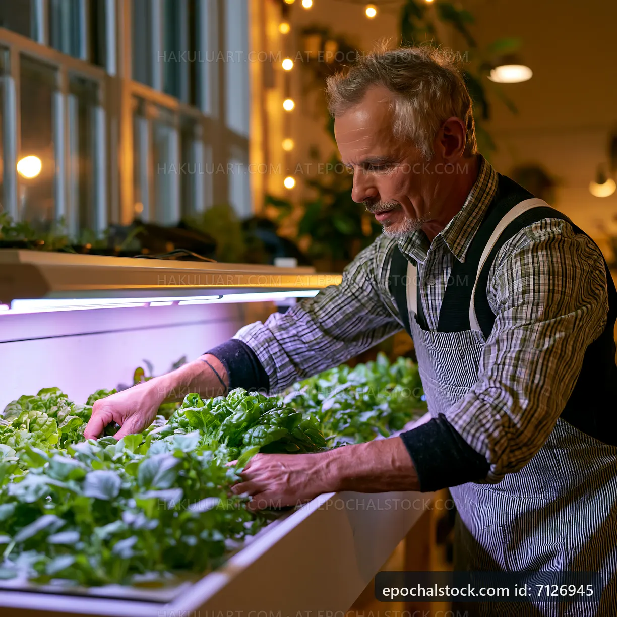 Man tending to plants in a modern indoor garden