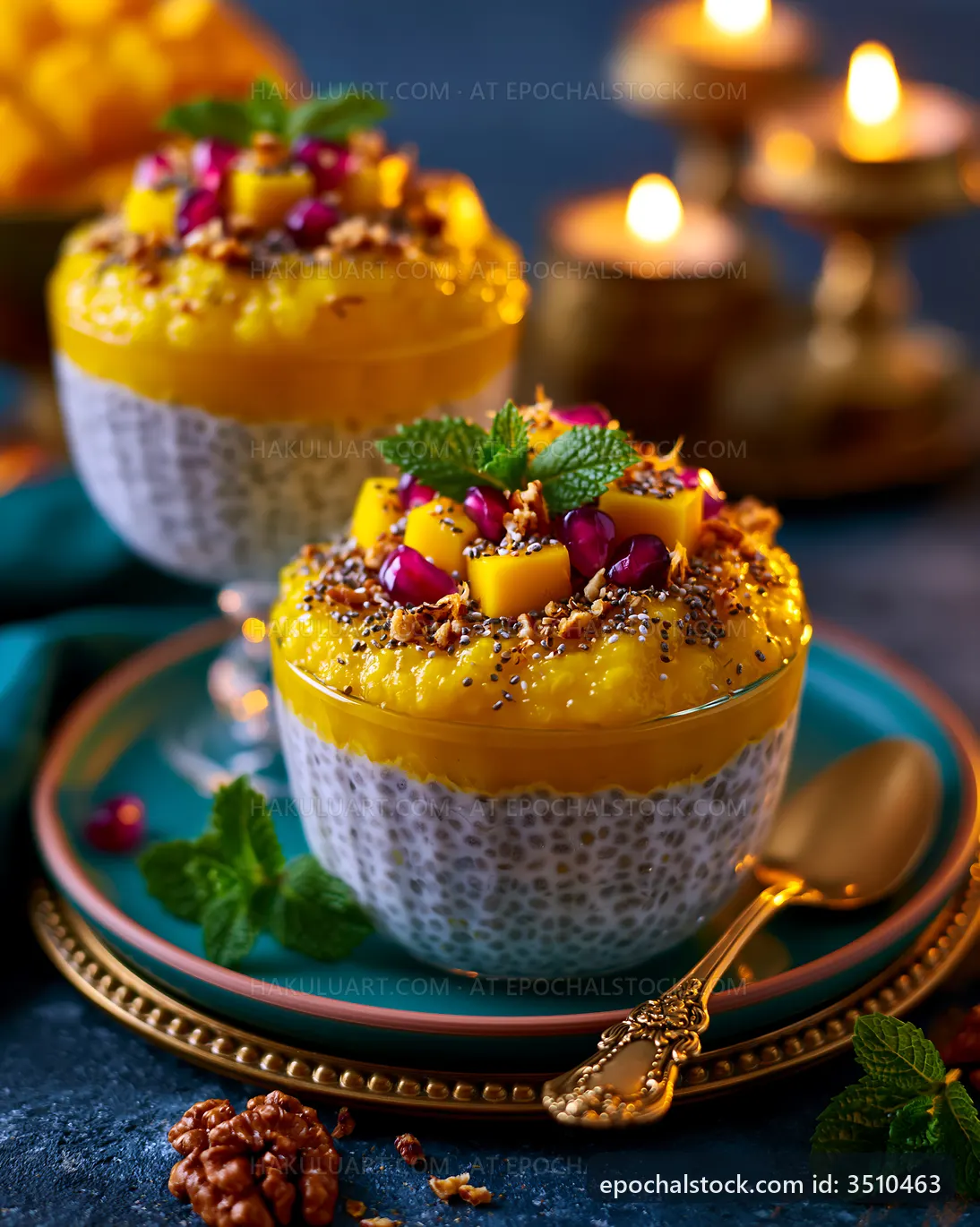 Mango dessert with chia seeds served in glasses with garnish