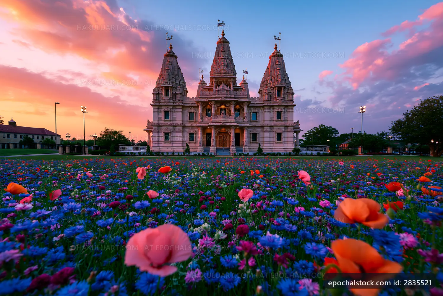 Temple surrounded by colorful flowers at sunset