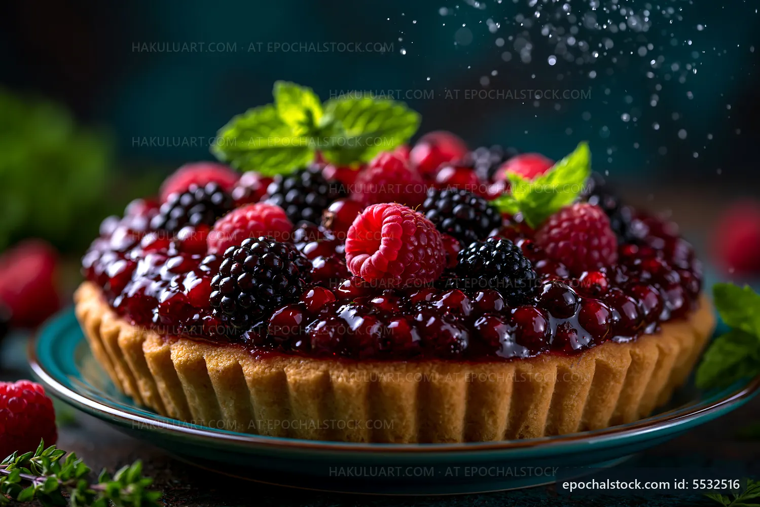 Berry tart with raspberries and blackberries on a blue plate