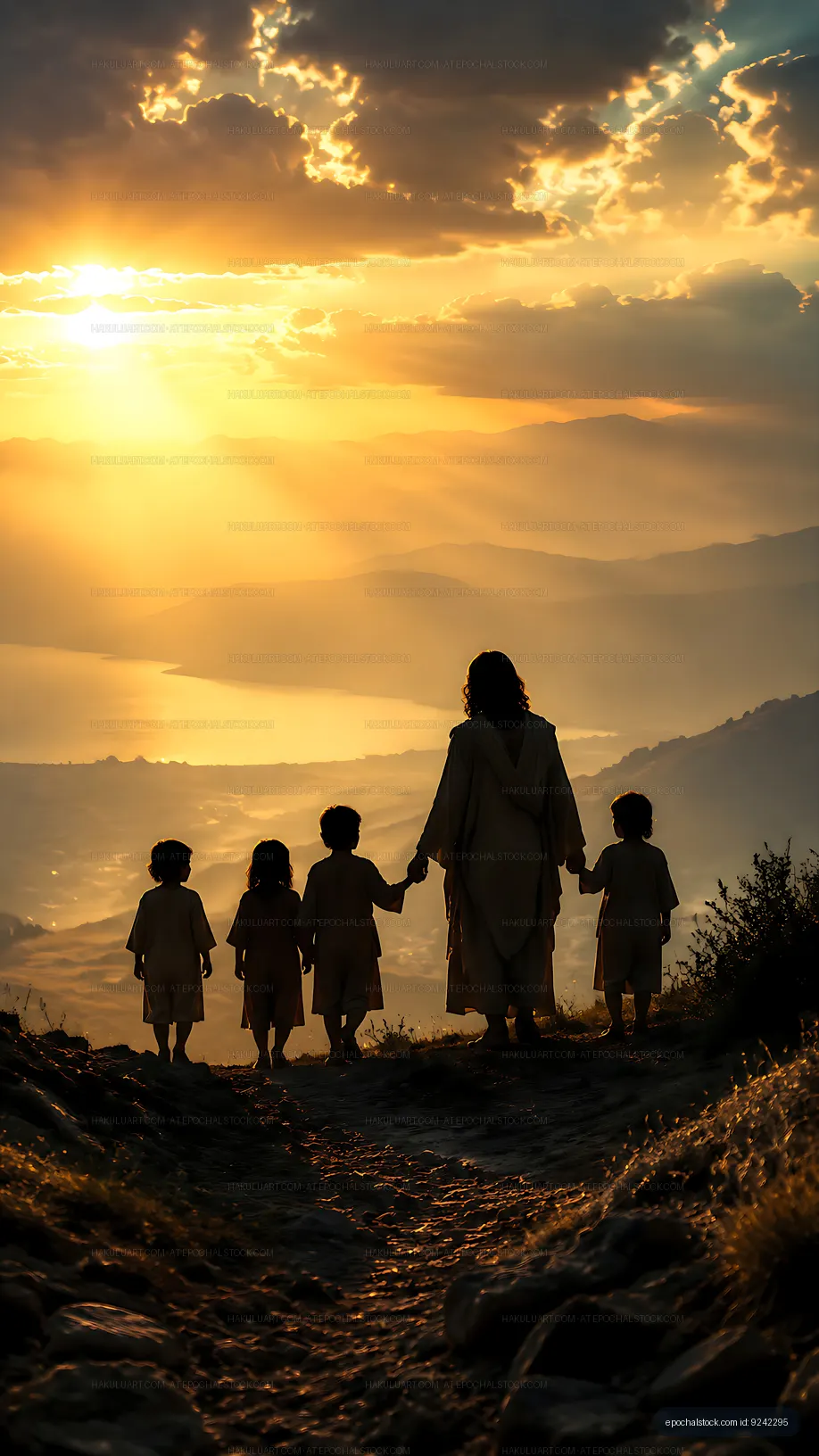 Group of children walking with adult during sunset on mountain road