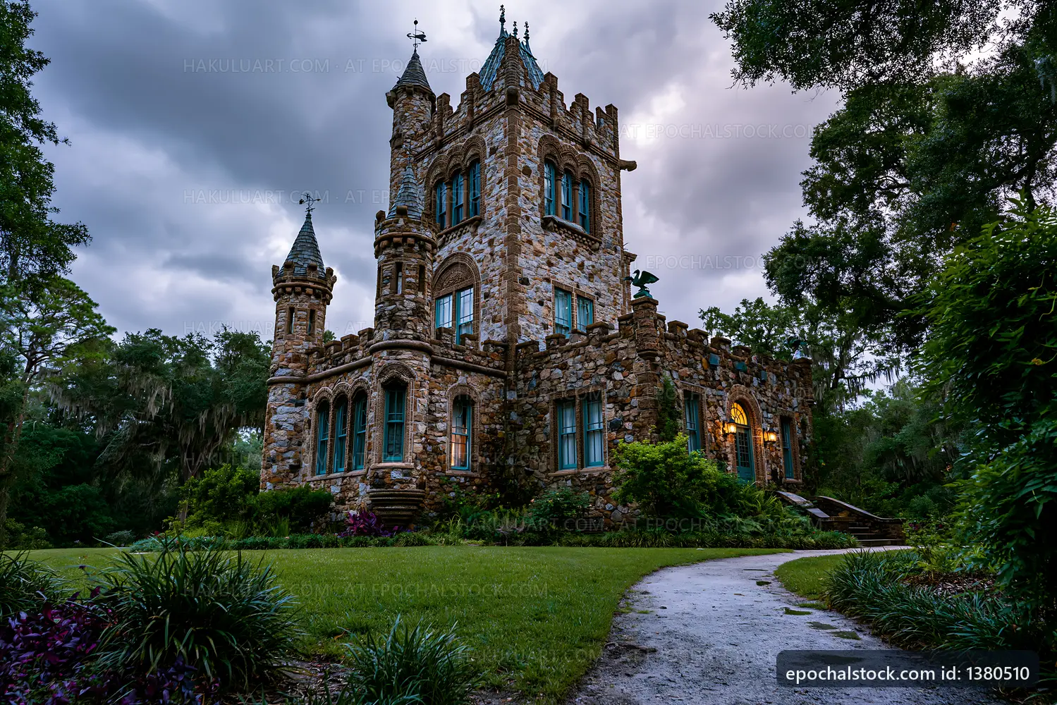 Historic stone castle surrounded by trees at dusk