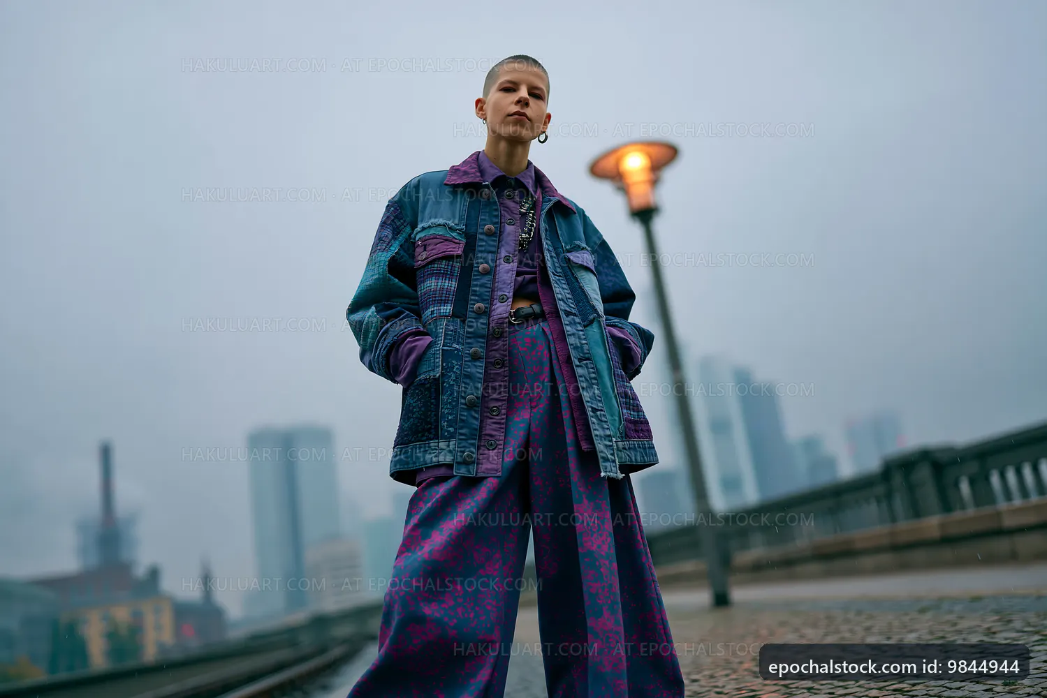 Person standing on city street with modern fashion style