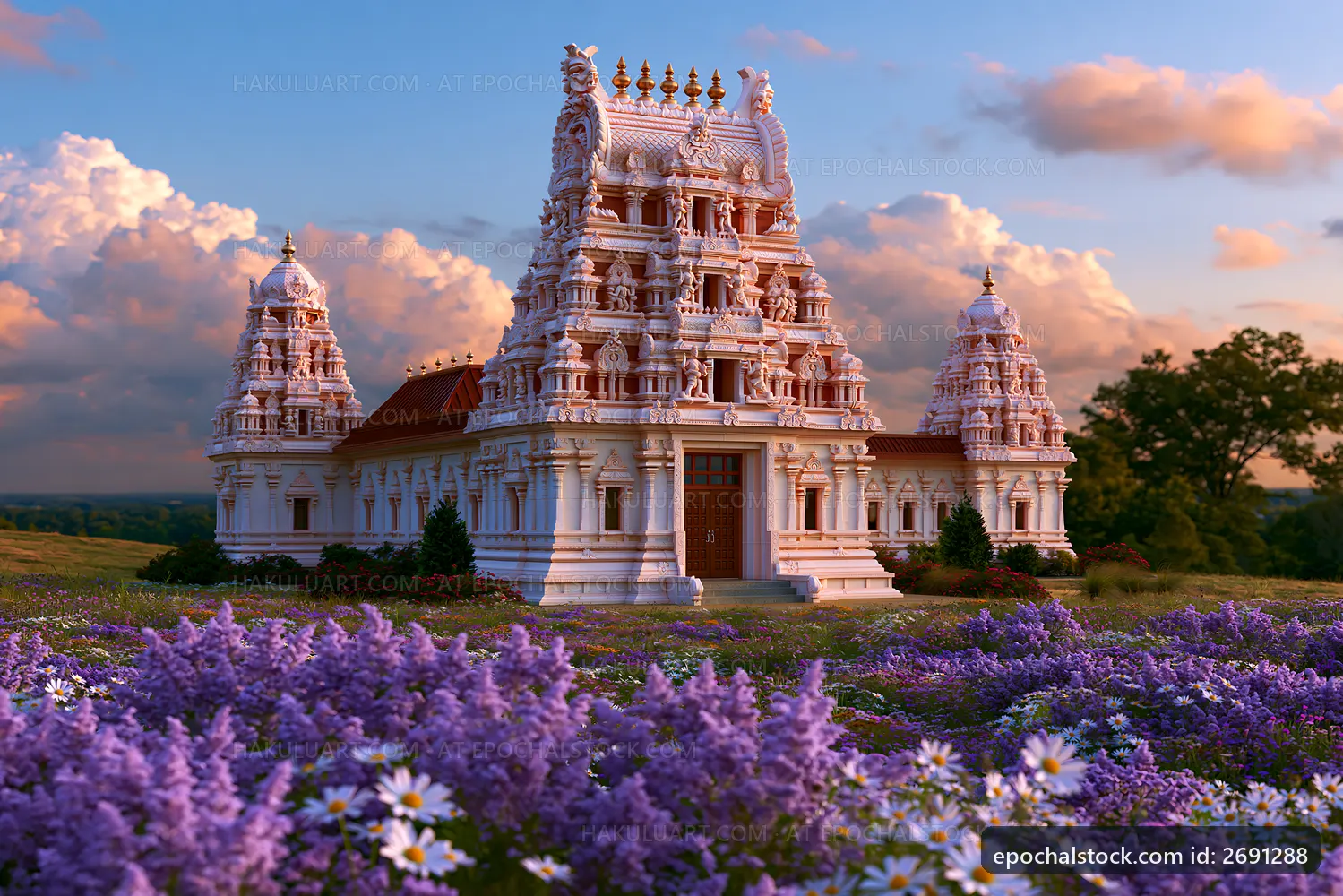 Temple surrounded by flowers at sunset