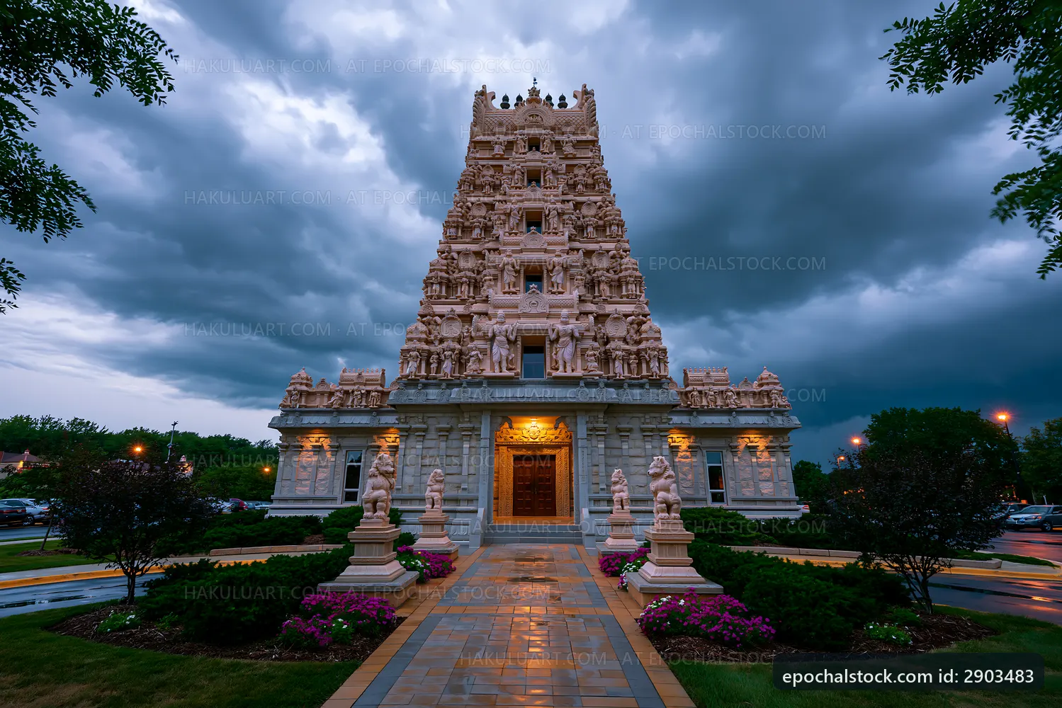 Ancient temple structure under stormy sky during evening hours