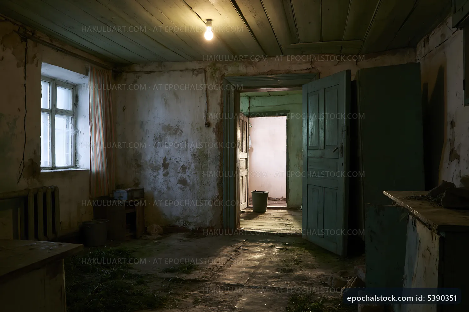 Old abandoned room with peeling walls and dim lighting