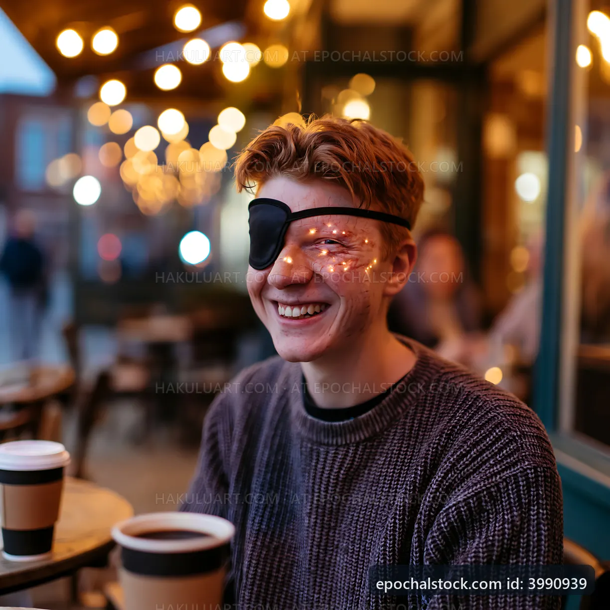 Young man with an eye patch smiles at a cafe with warm lights