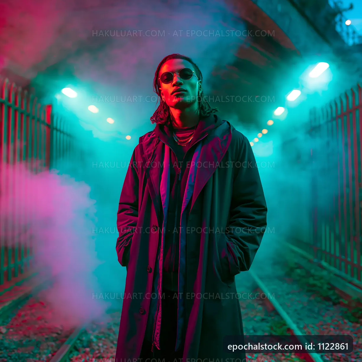Person in sunglasses standing on railway tracks at night