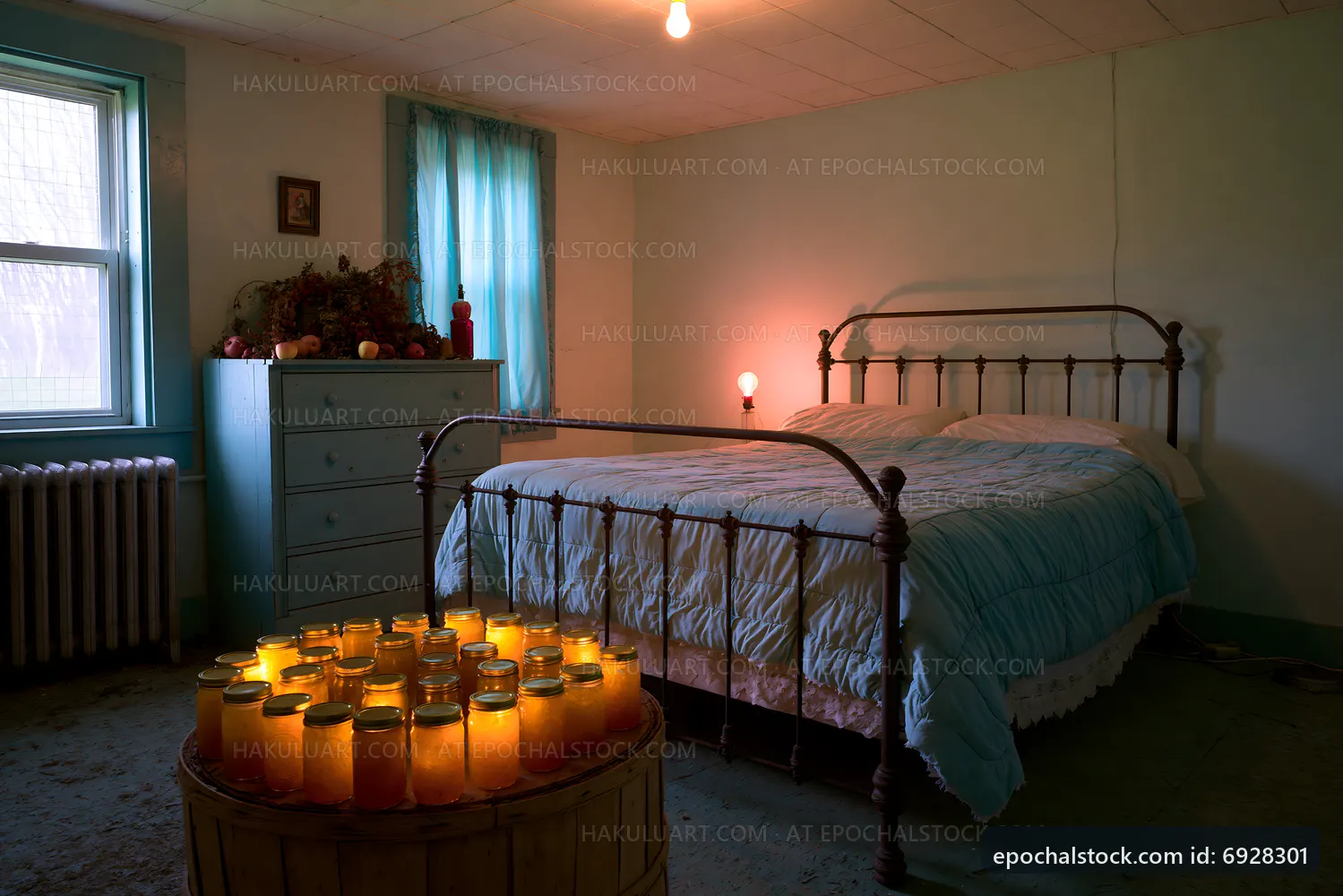 Cozy bedroom with jars of light and vintage decor