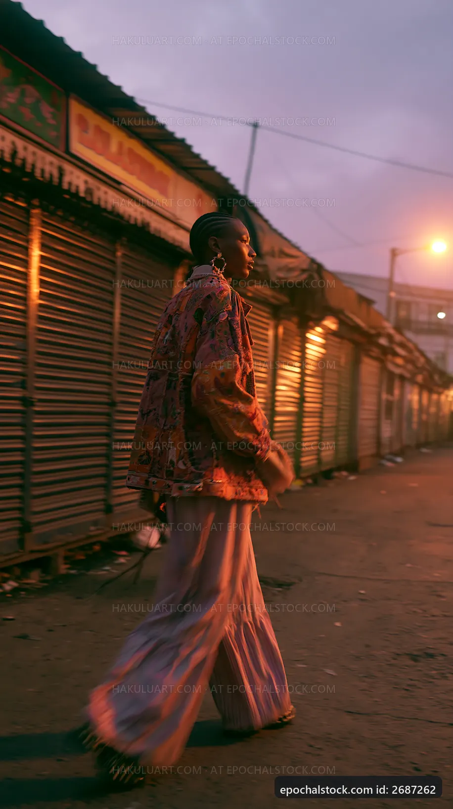 Woman walking in empty market street during dusk