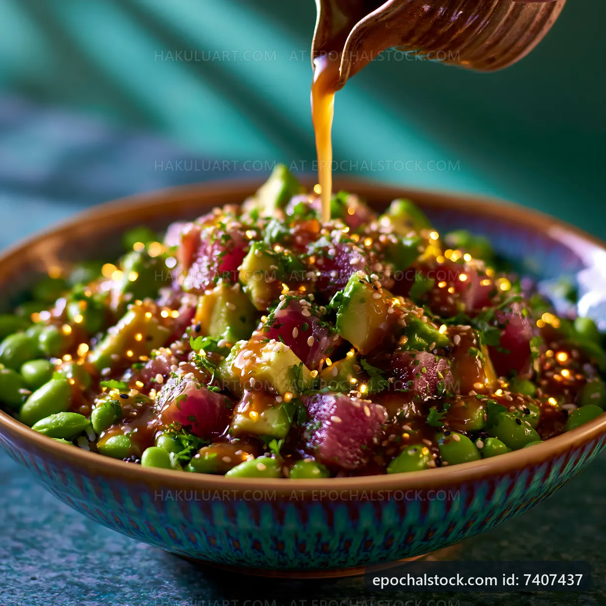 Tuna poke bowl with avocado and edamame on a green surface