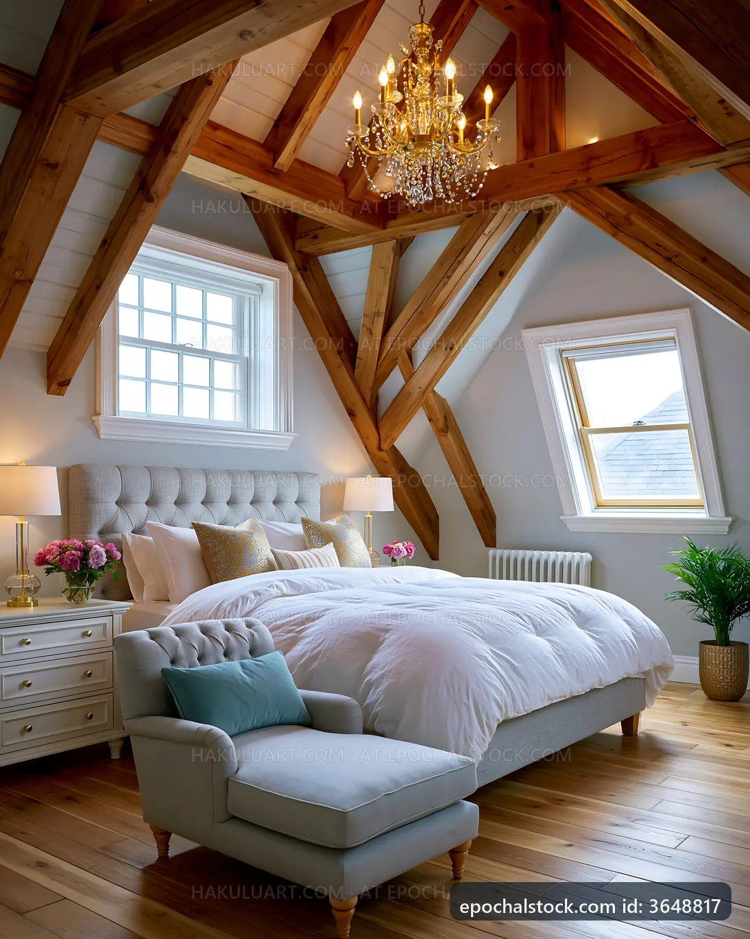 Modern bedroom with wooden beams and elegant decor
