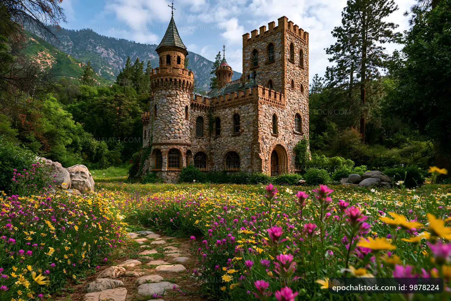 Stone castle surrounded by flowers and mountains