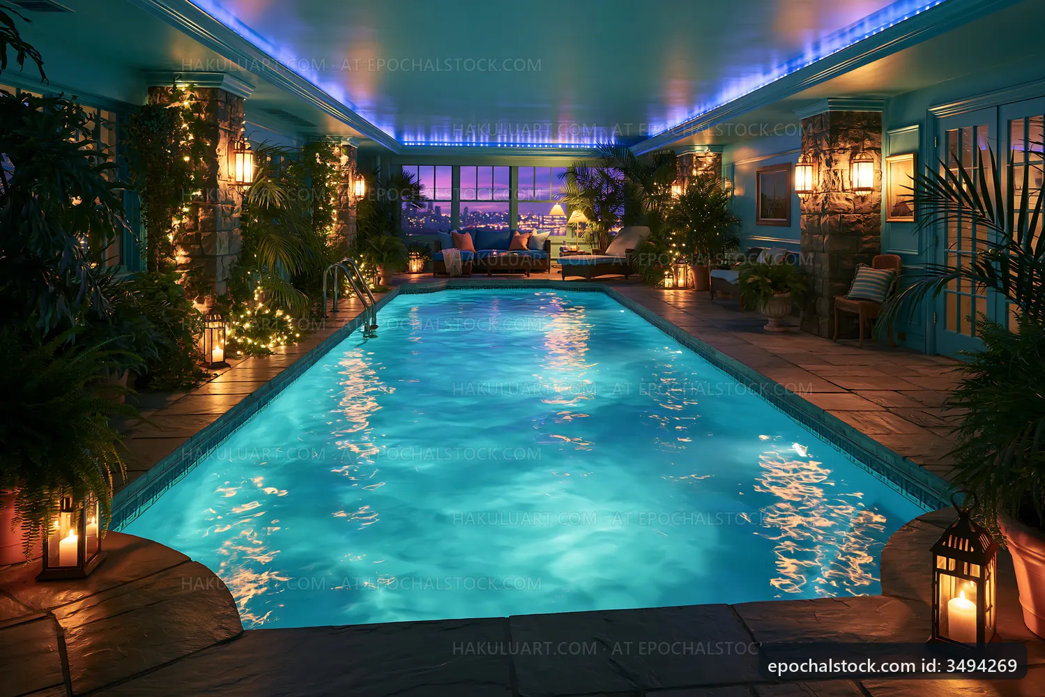 Indoor pool with blue water and tropical plants at sunset