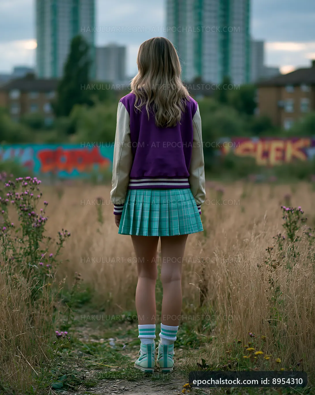 Girl standing in a field near urban graffiti in late afternoon