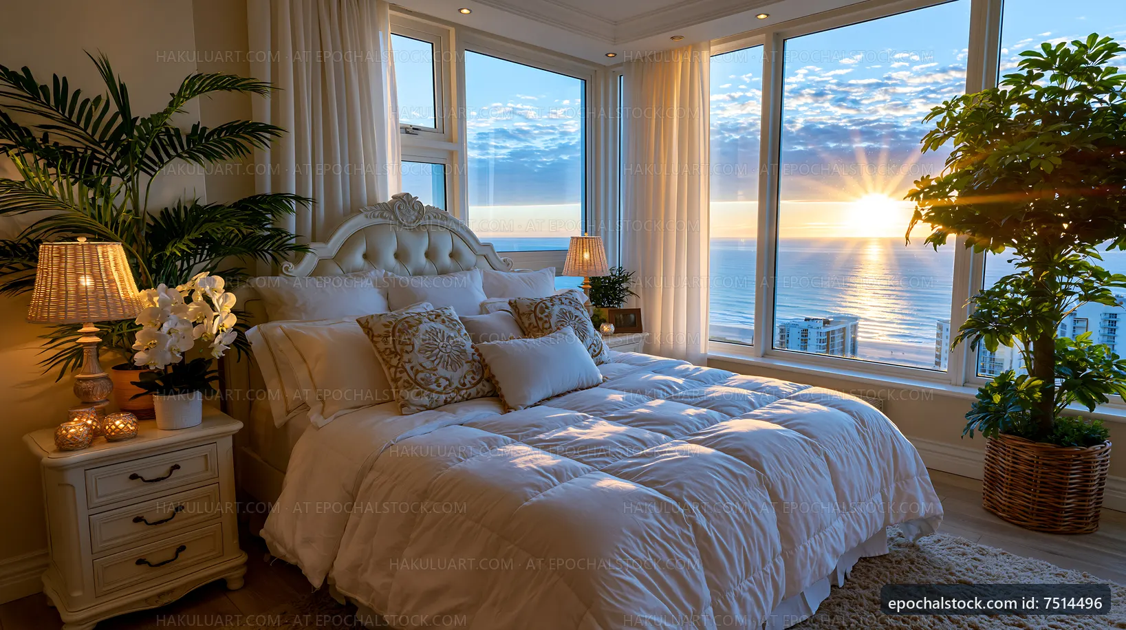 Cozy bedroom with ocean view and sunrise in background