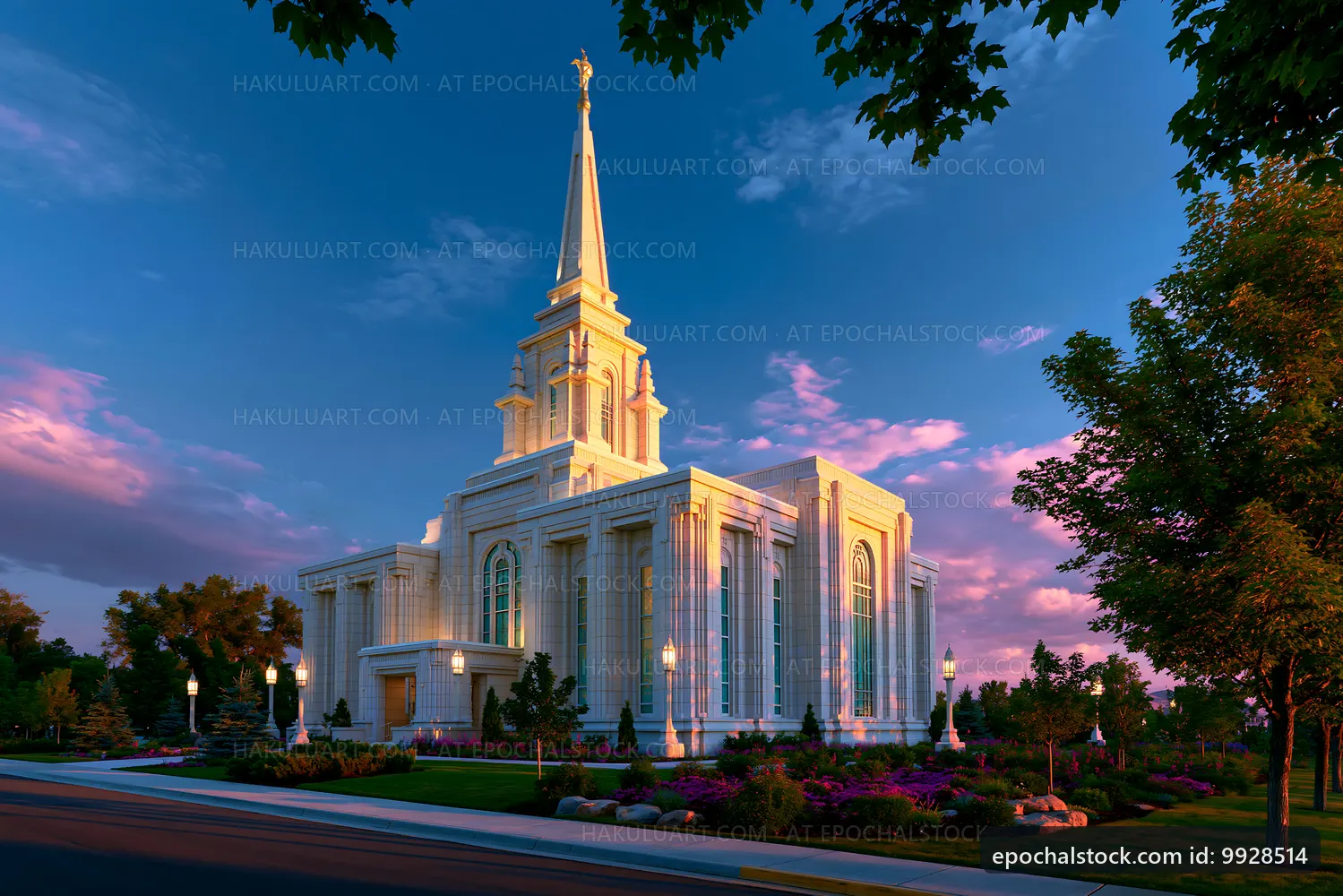 Building with tall spire surrounded by trees and flowers at dusk