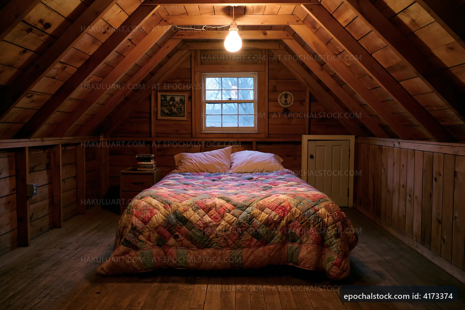 Cozy attic bedroom with wooden walls and simple furnishings