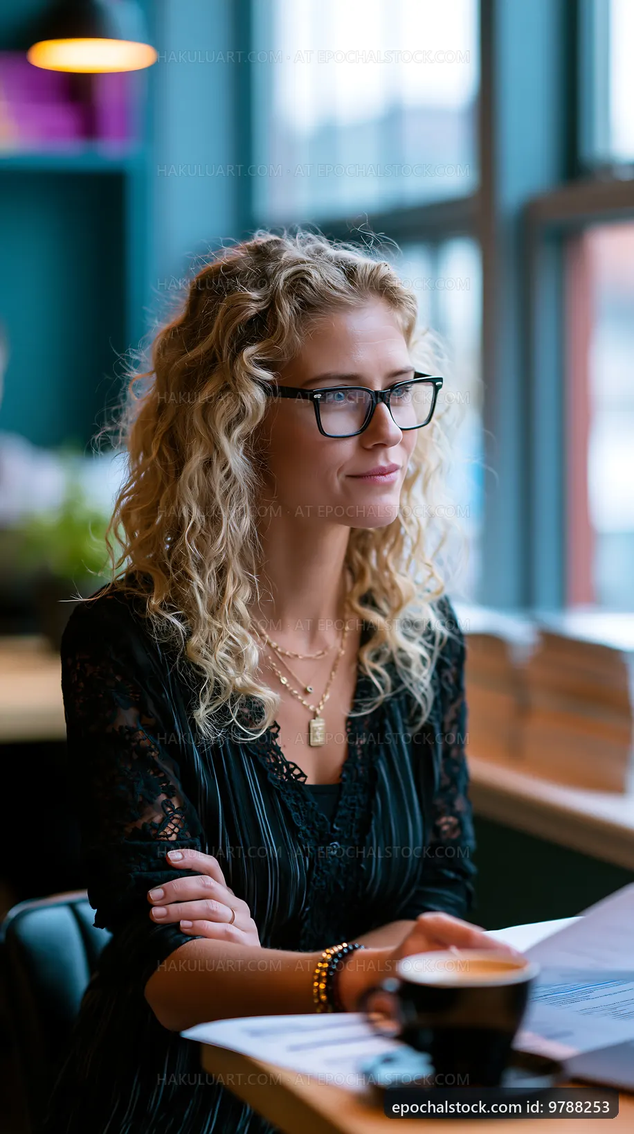 Woman sitting at a cafe, enjoying coffee and reading a magazine
