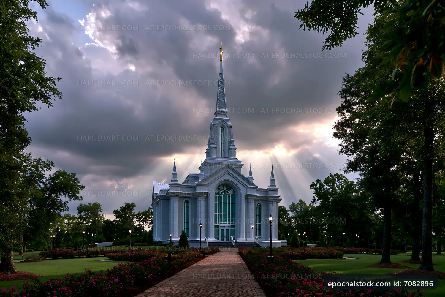 Church building under cloudy sky with sunlight rays