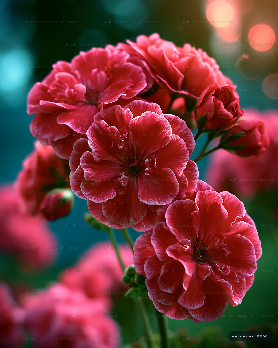 Red flowers bloom in a garden during sunset