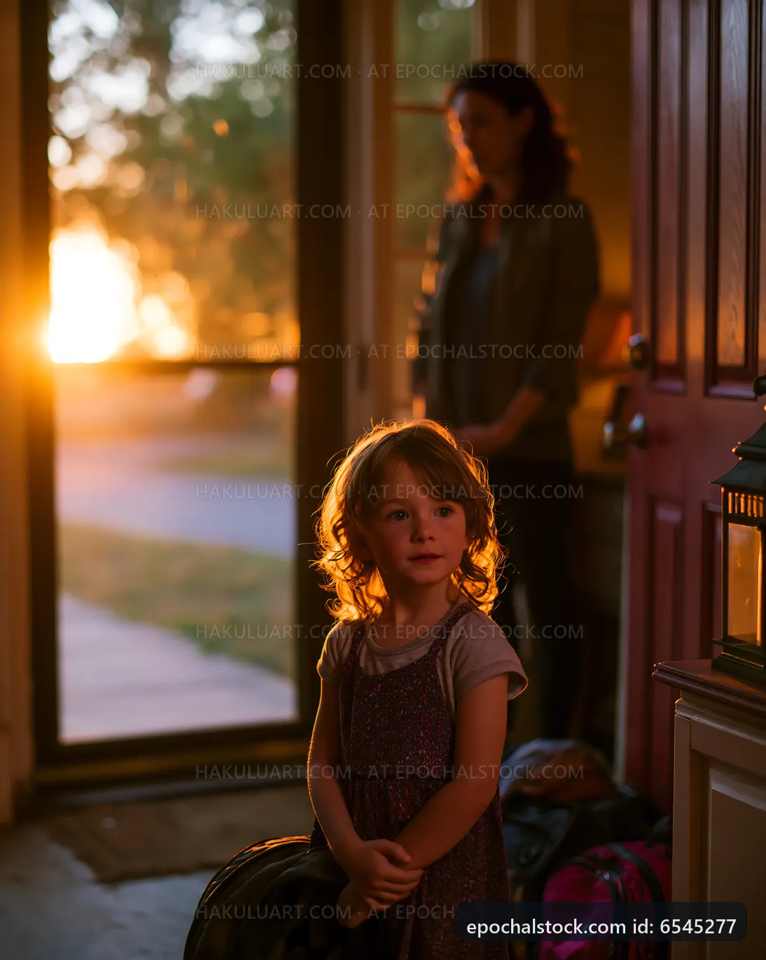 Child standing by the door while mother looks on at sunset