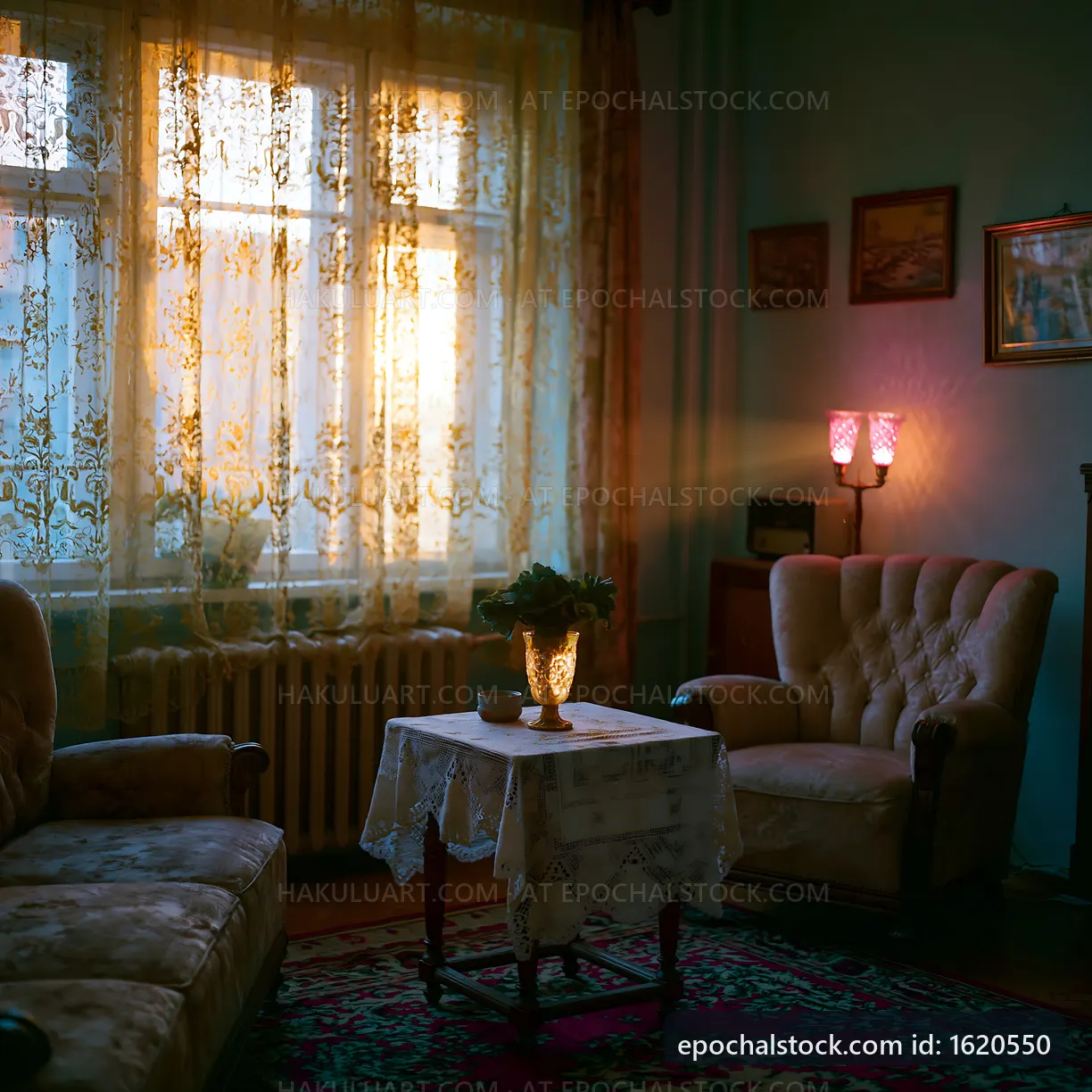 Cozy living room with warm light at sunset