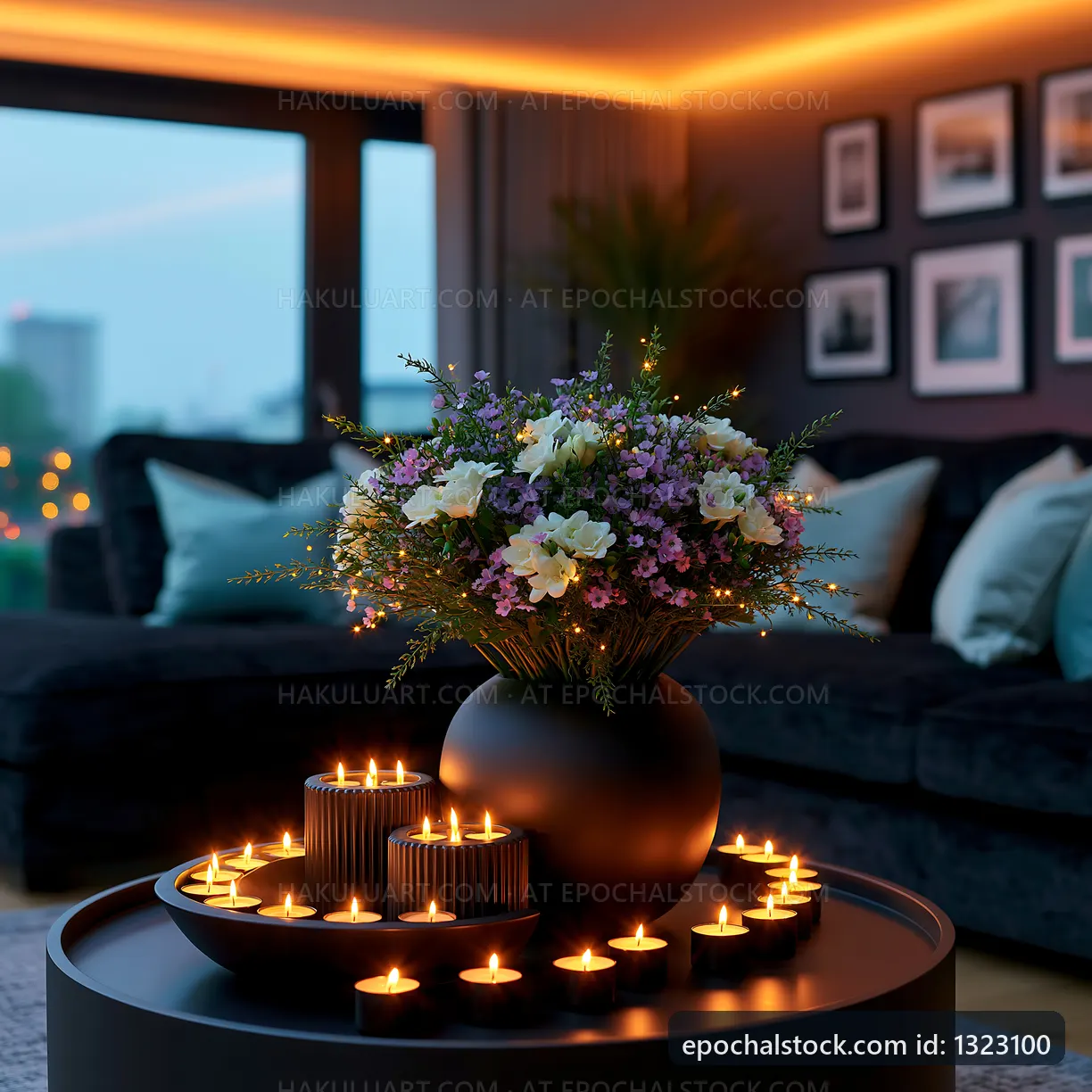 Modern living room with candles and flower arrangement