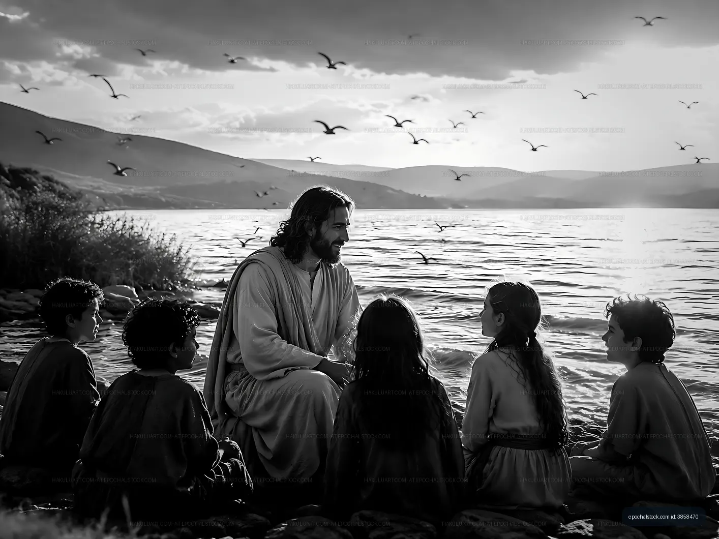 Jesus teaches children by the lakeside in black and white