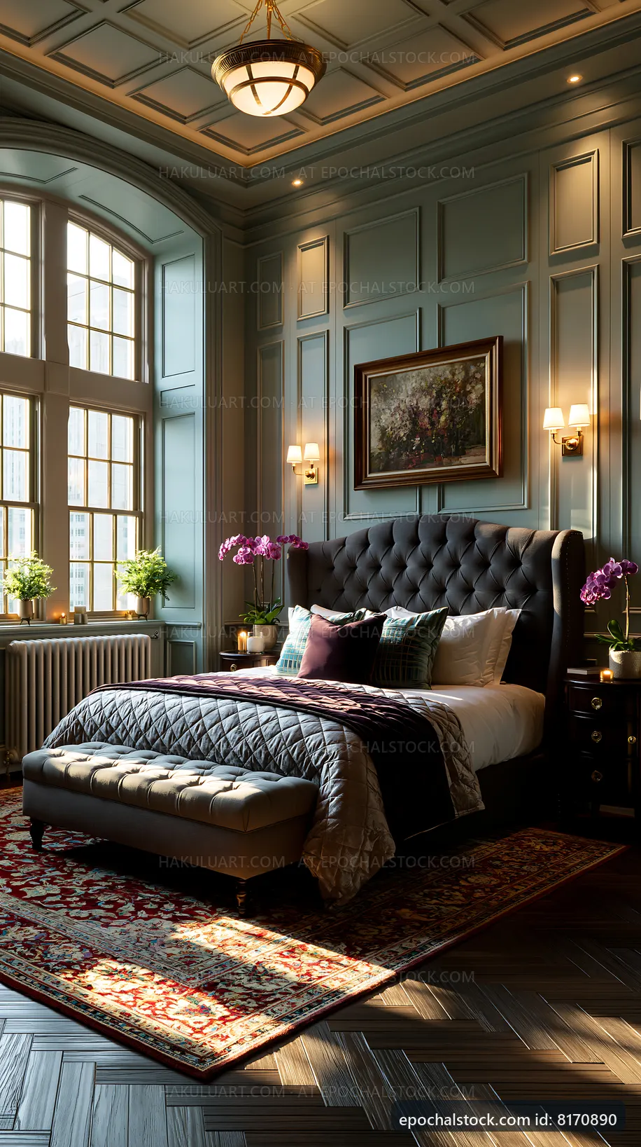 Cozy bedroom with large window and elegant furniture