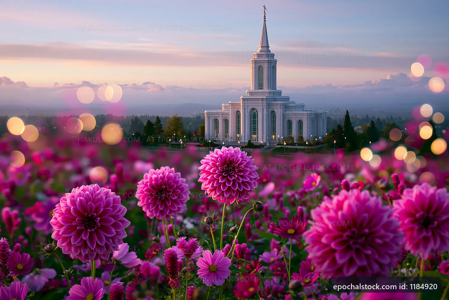 Flowers in front of a temple at sunset with colorful blooms