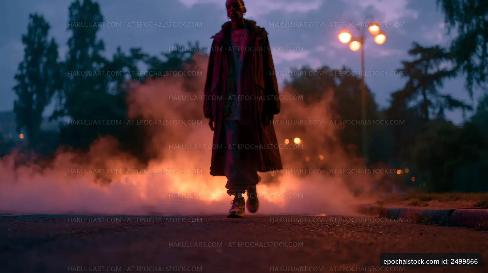 Person walking through smoke at dusk near streetlights