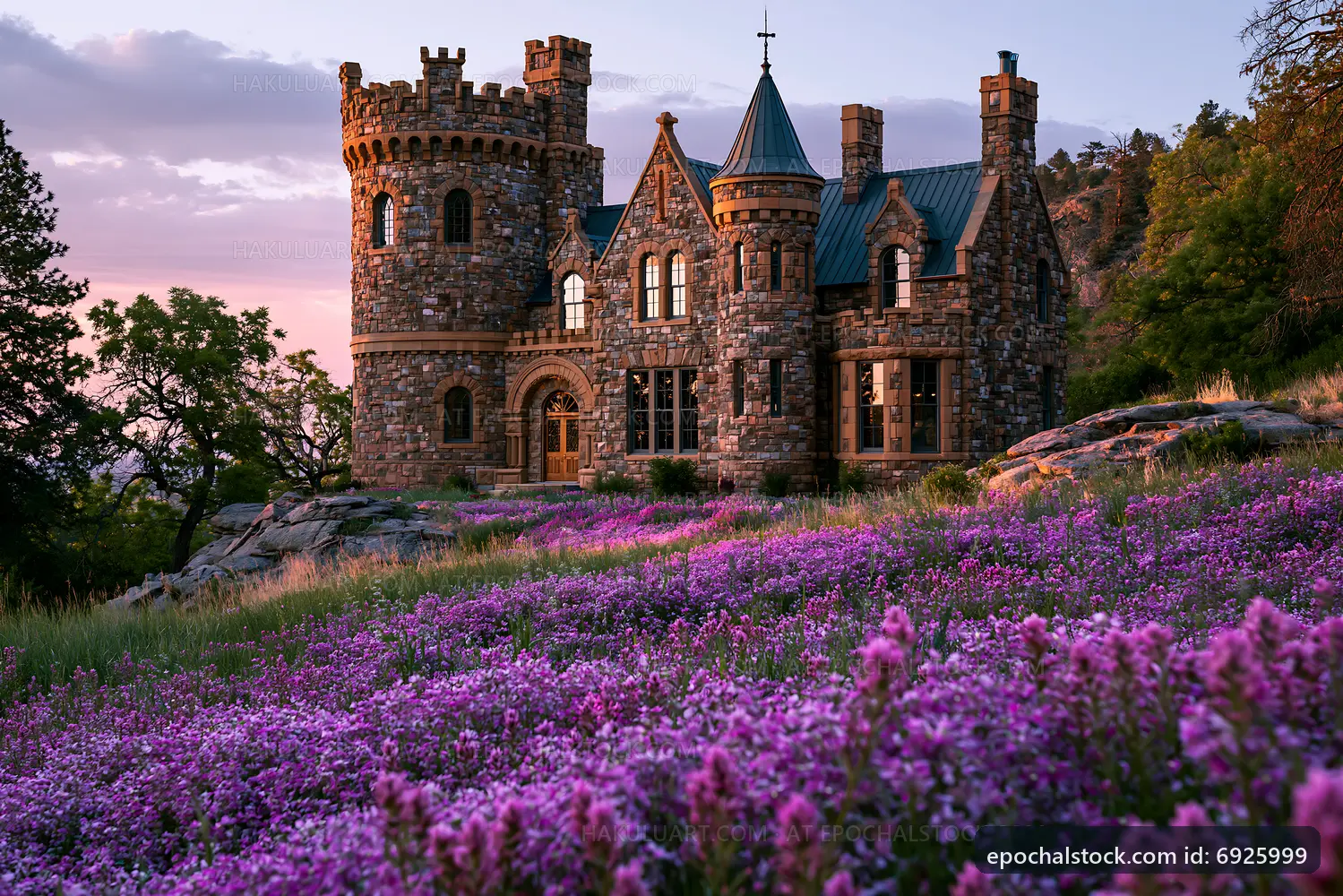 Historic stone castle surrounded by purple flowers at sunset
