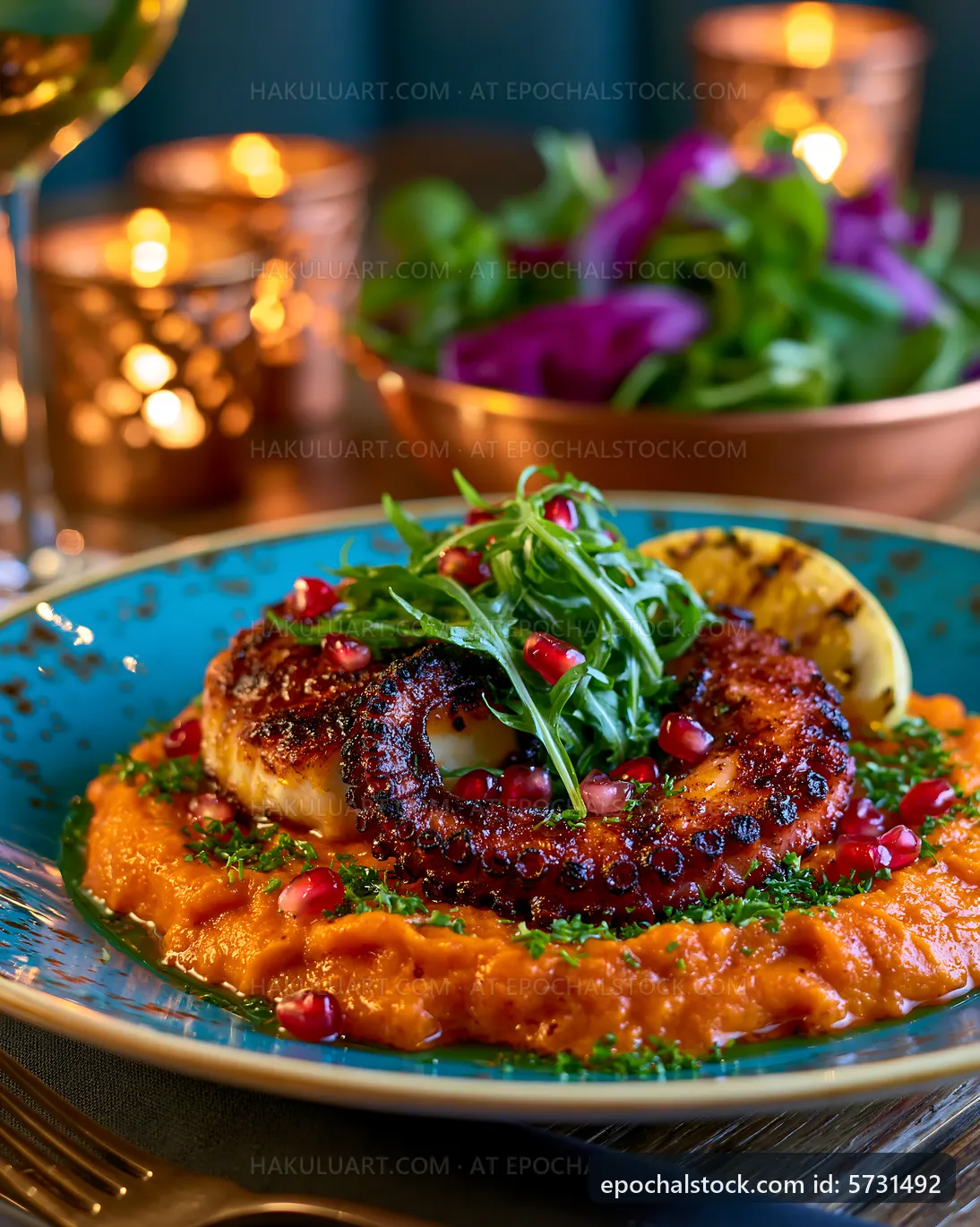 Grilled octopus on sweet potato puree with salad and candles