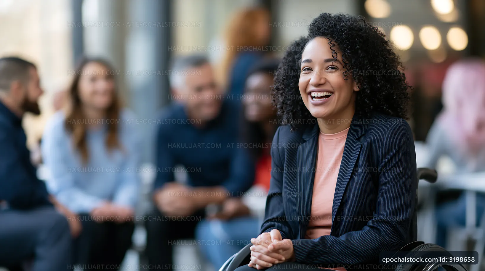 Woman in wheelchair smiles at group during casual meeting