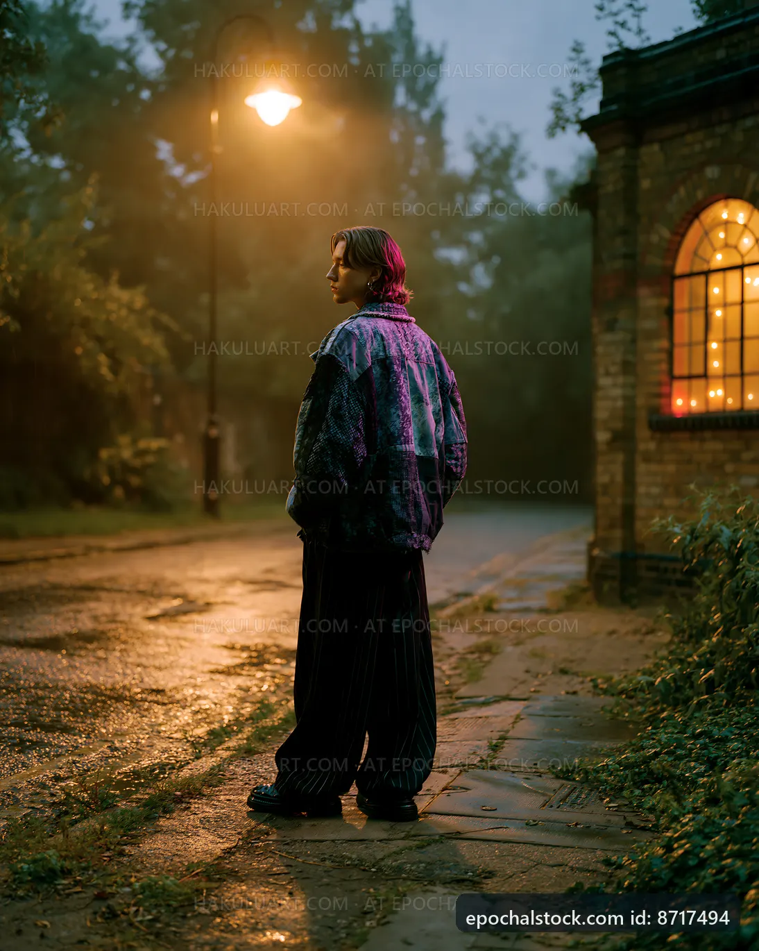 Person standing on a wet street in evening light
