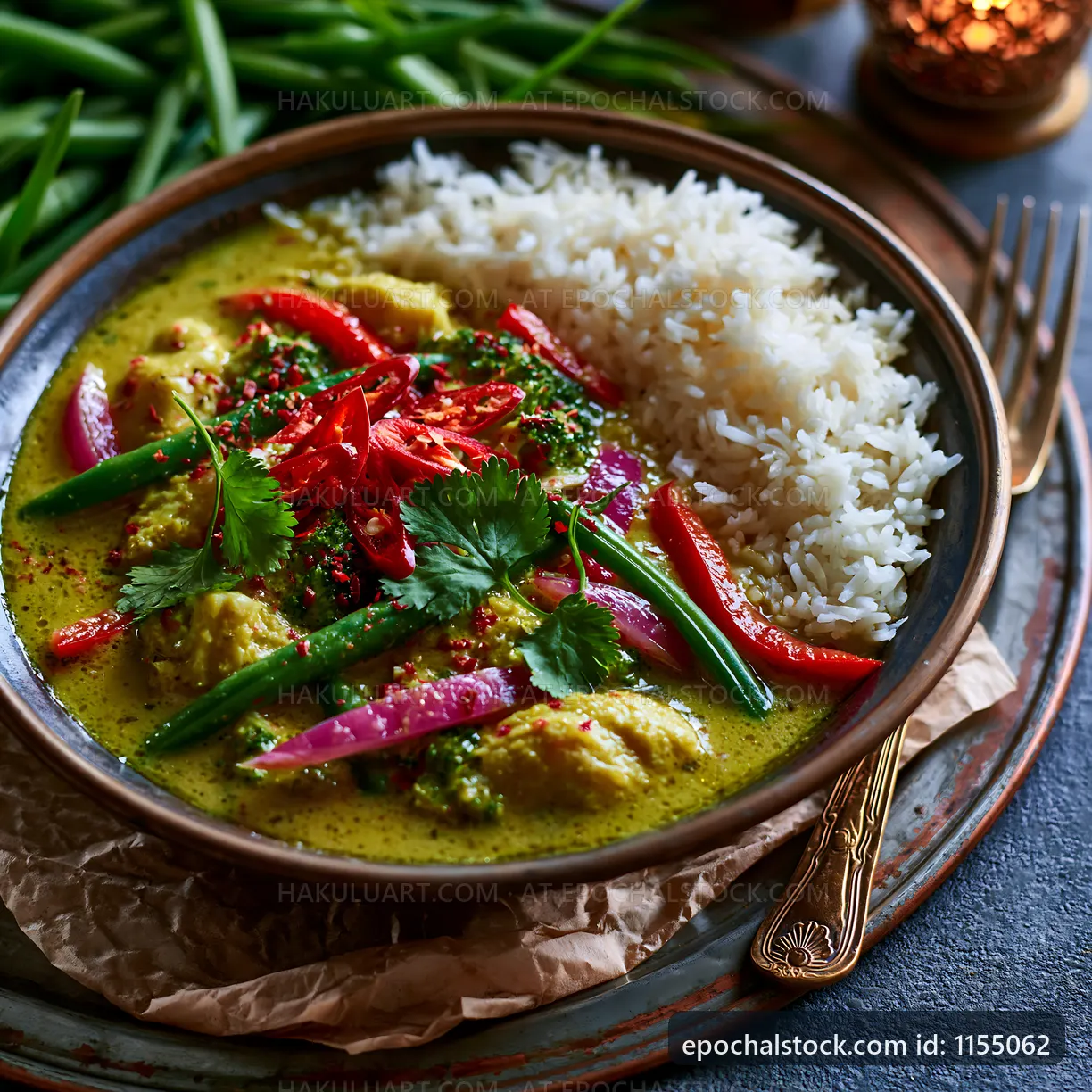 Curry dish with rice and vegetables served in a bowl