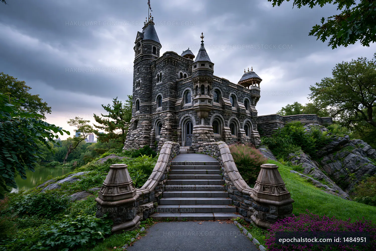 Historic castle with stone architecture and lush surroundings