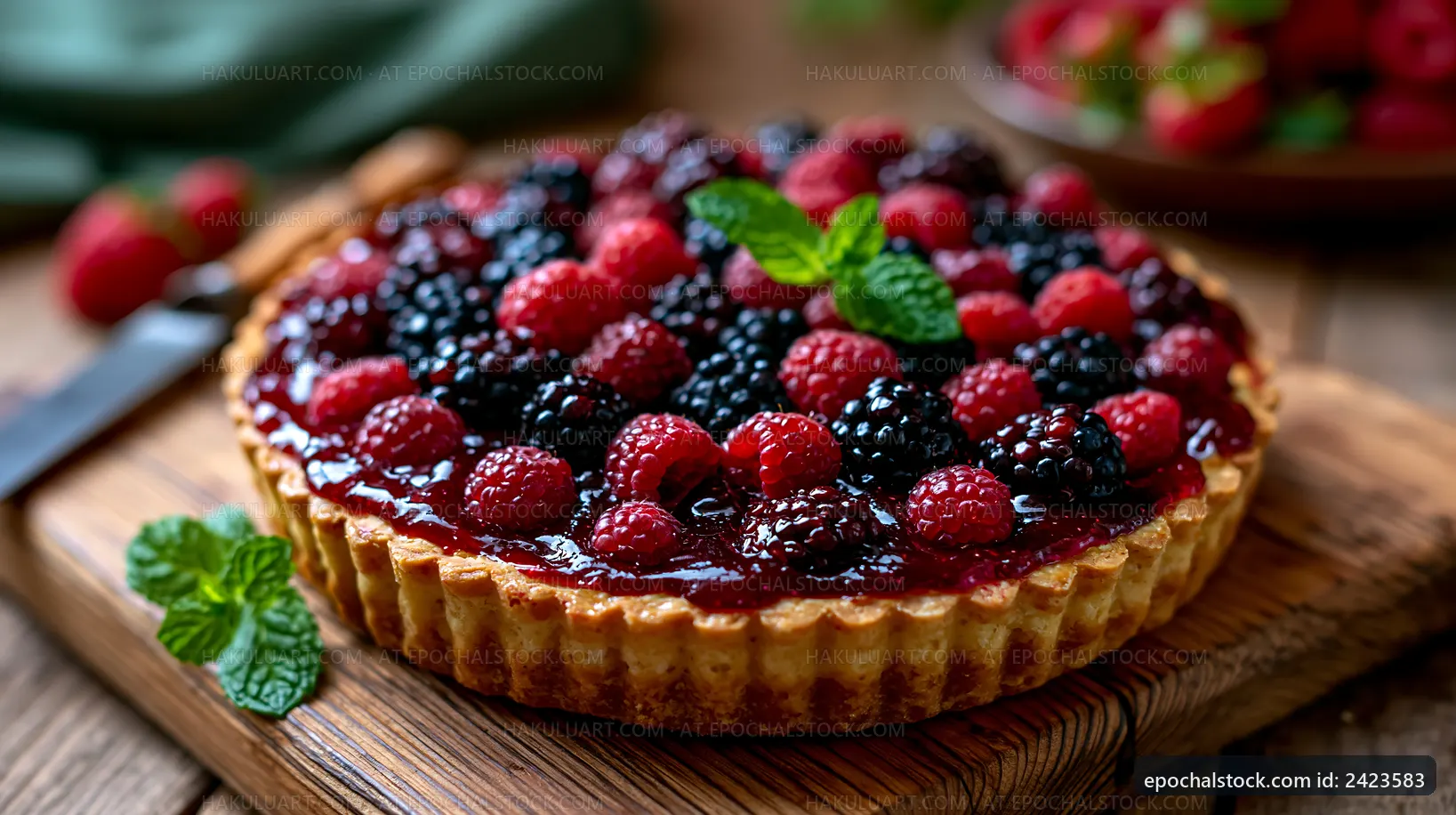 Berry tart on a wooden board with fresh mint leaves