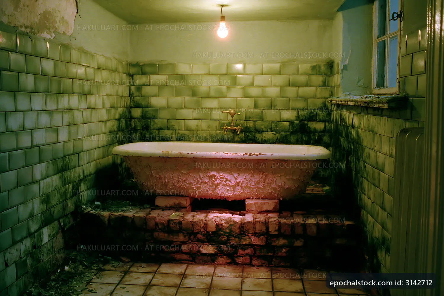 Old bathroom with a vintage bathtub and peeling tiles