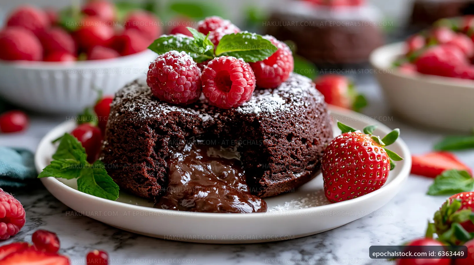 Chocolate lava cake with raspberries and strawberries on a plate