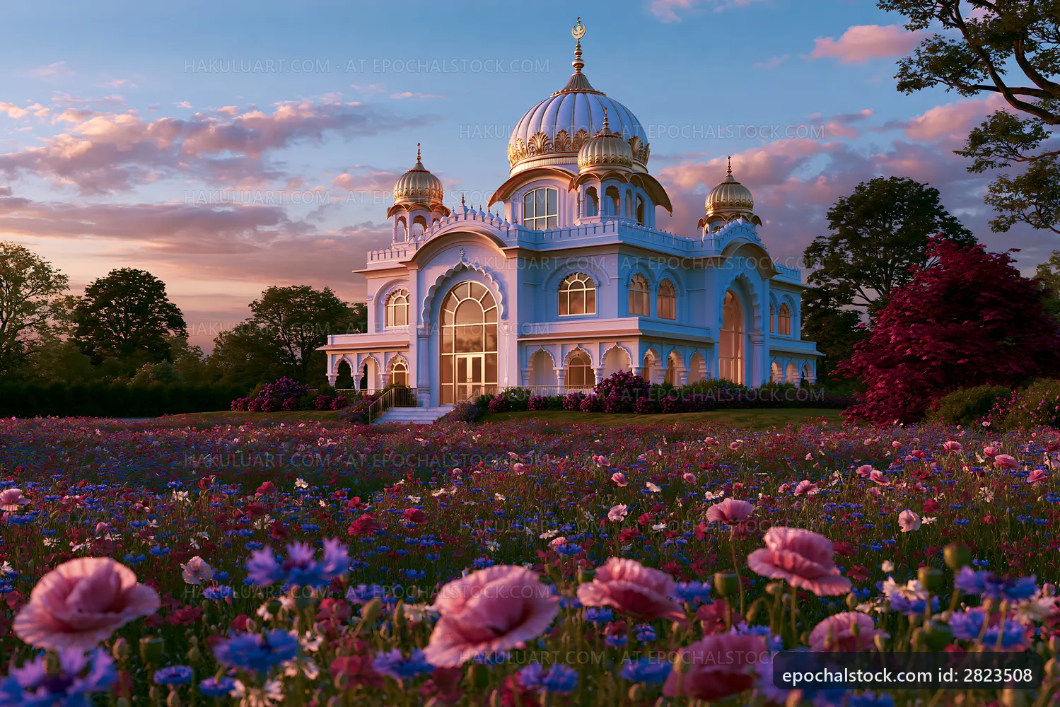 Flower field in front of a colorful palace during sunset