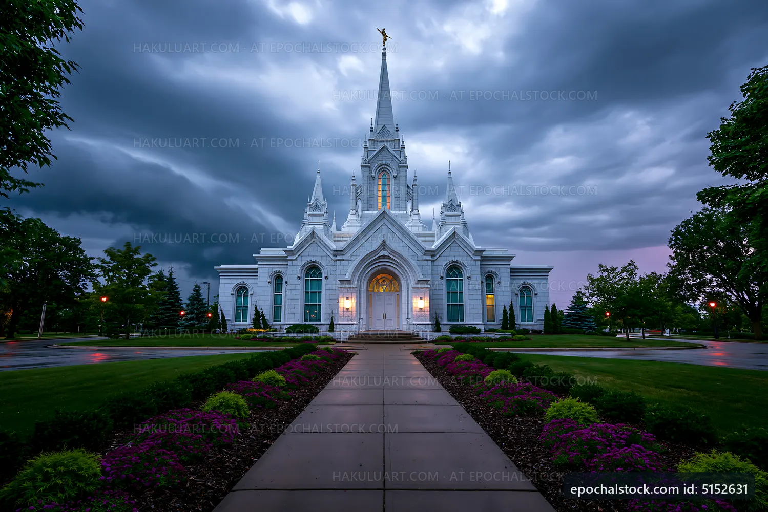 Church building under stormy sky with dark clouds