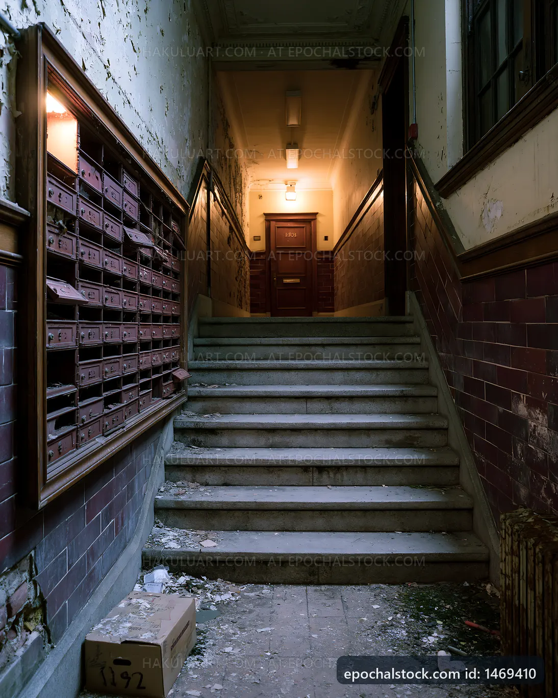Stairs leading to doors in an old building with postboxes